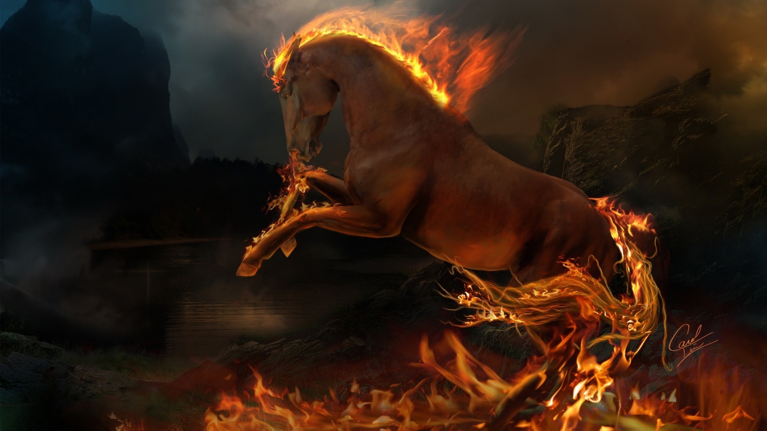 3D burning horse for 1536 x 864 HDTV resolution