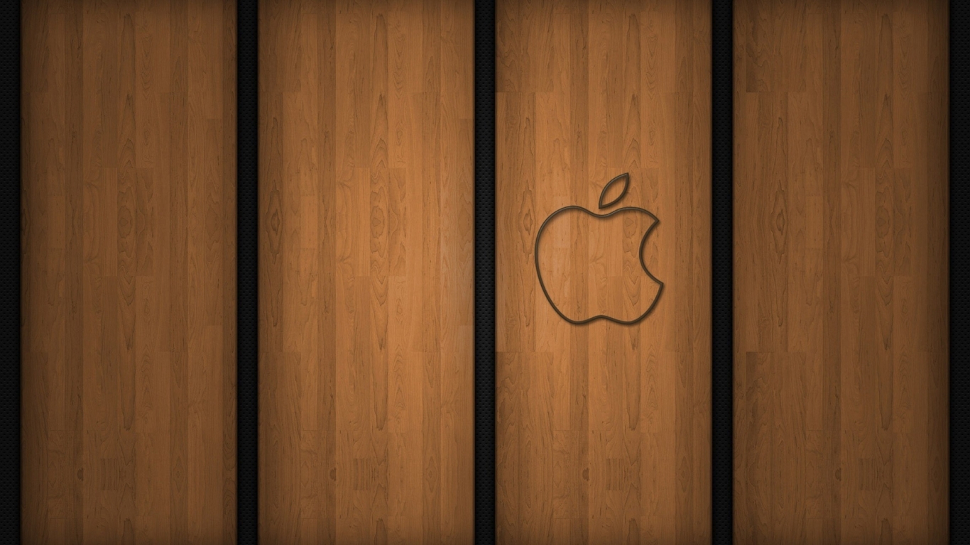 Apple logo on wood for 1366 x 768 HDTV resolution