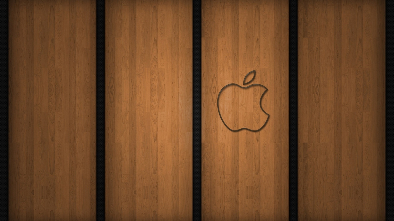 Apple logo on wood for 1600 x 900 HDTV resolution