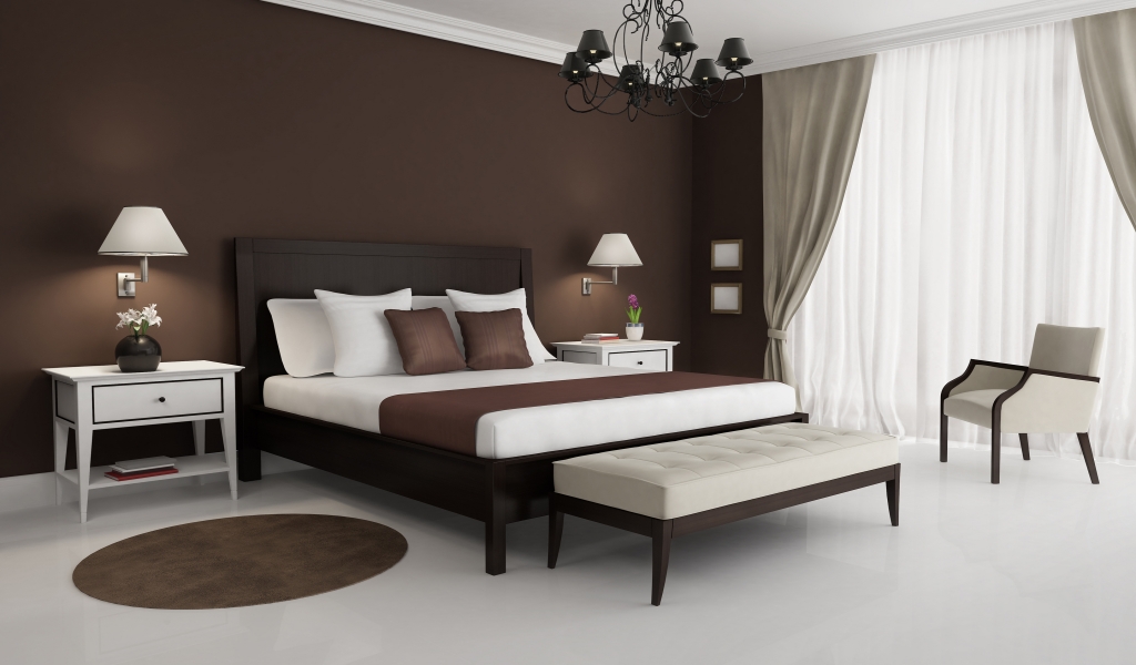 Brown and White Bedroom for 1024 x 600 widescreen resolution