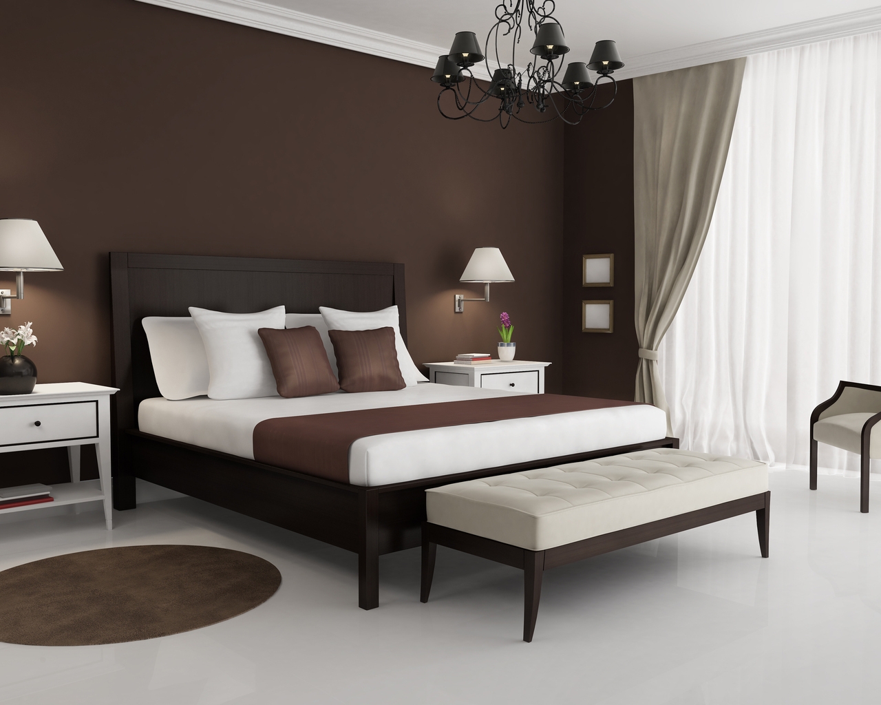 Brown and White Bedroom for 1280 x 1024 resolution