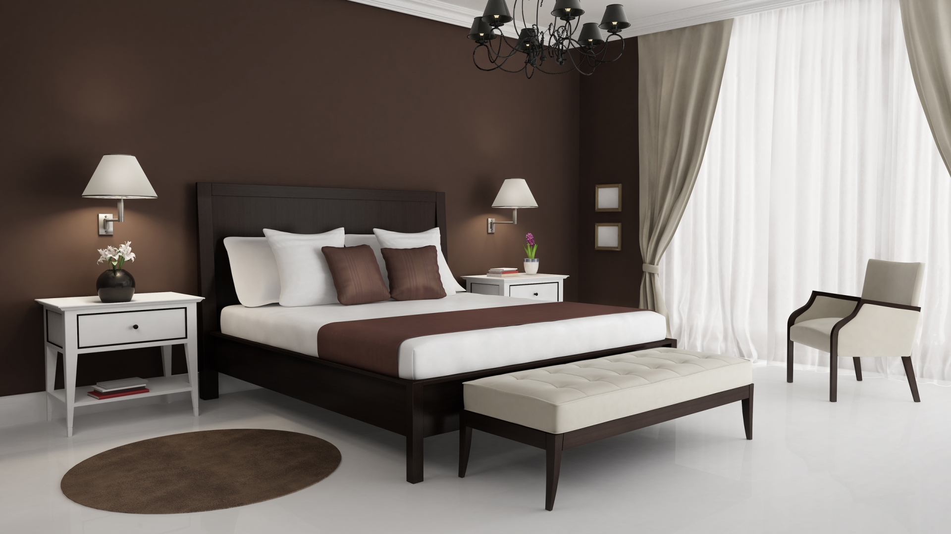 Brown and White Bedroom for 1920 x 1080 HDTV 1080p resolution