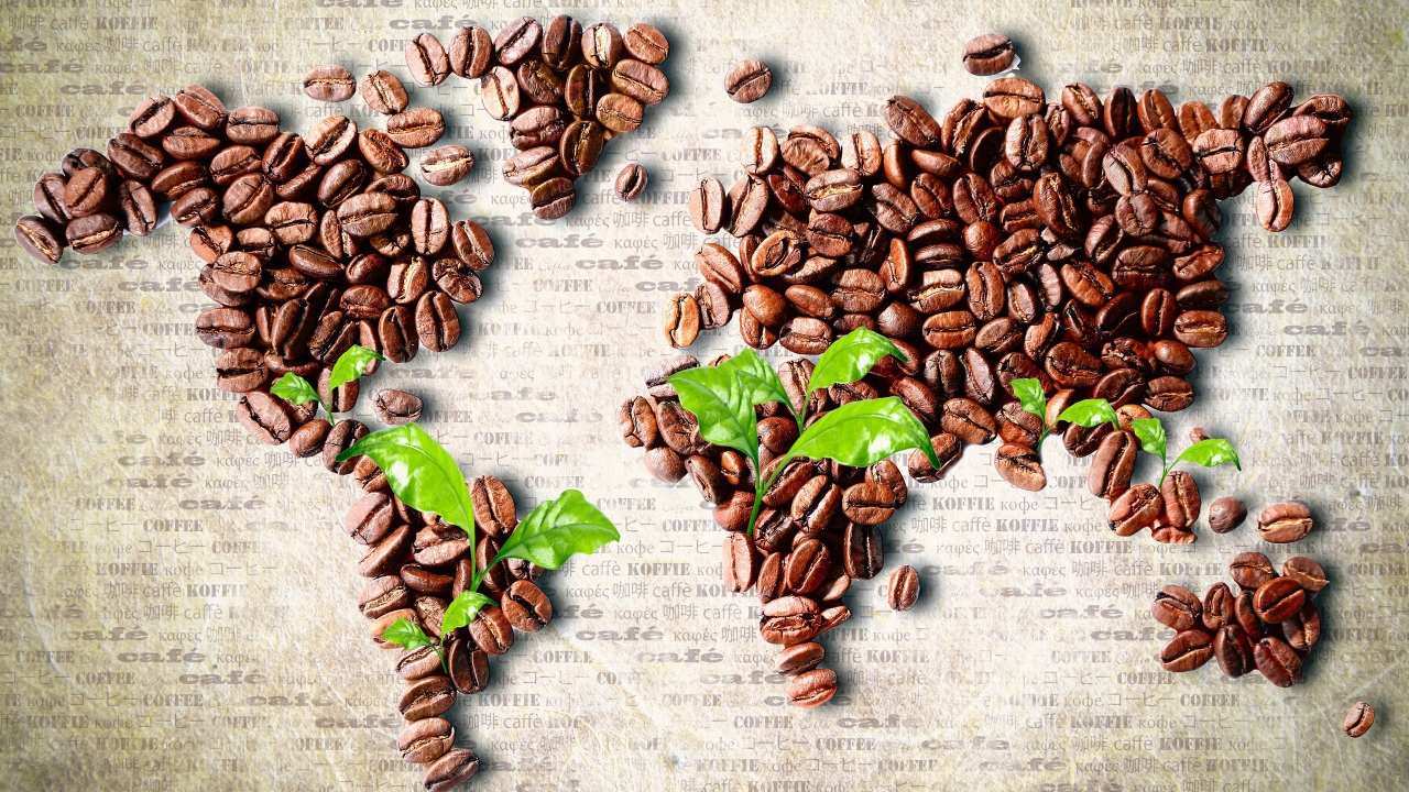 Coffee Beans World Map for 1280 x 720 HDTV 720p resolution