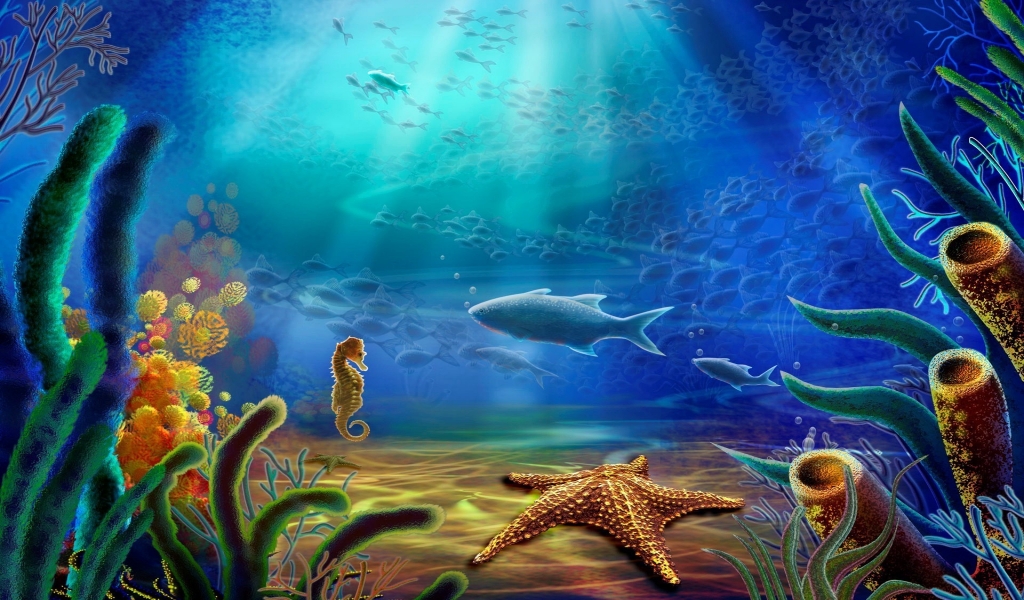 Fish and Sea Horse and Starfish for 1024 x 600 widescreen resolution