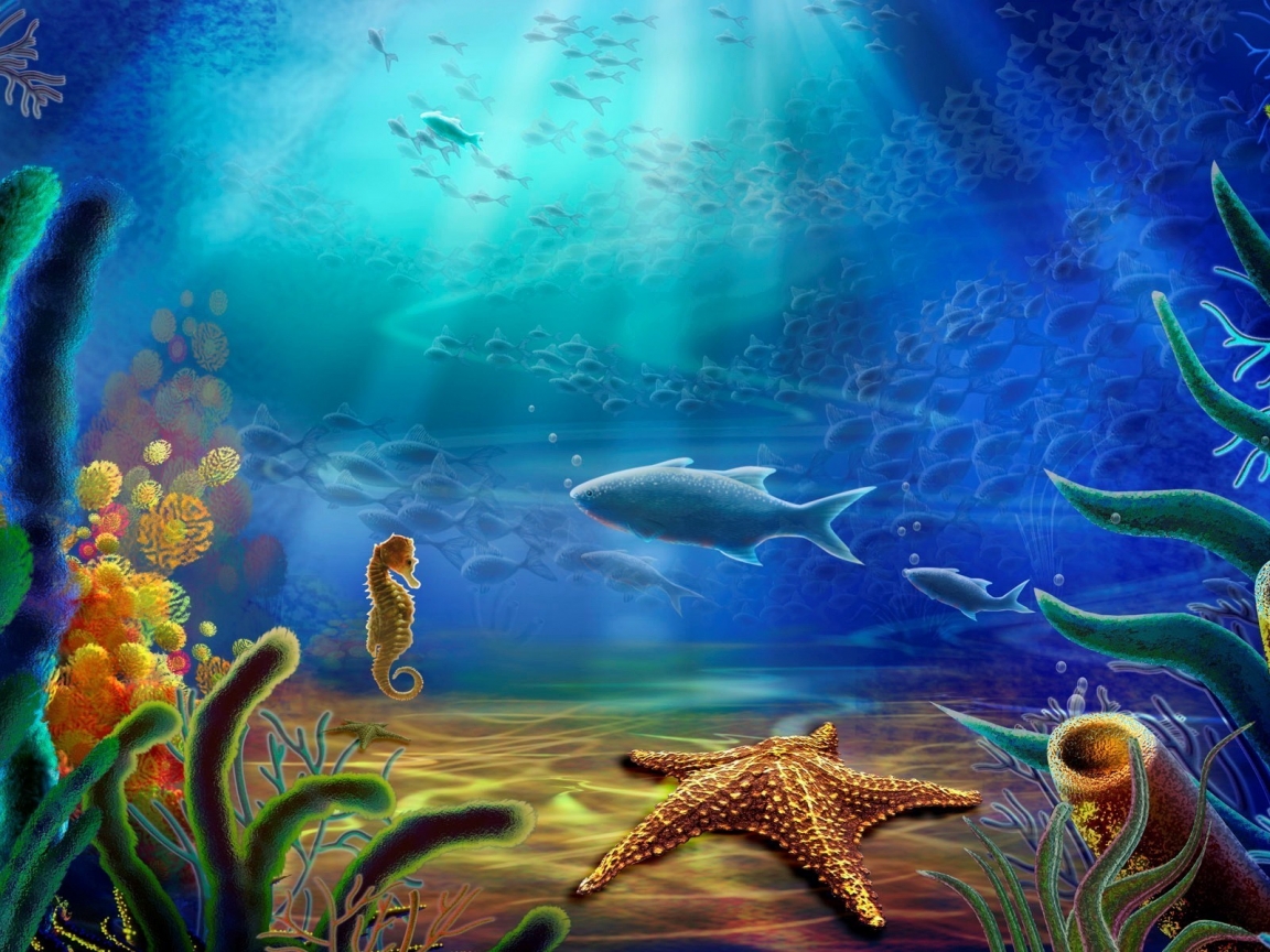 Fish and Sea Horse and Starfish for 1152 x 864 resolution