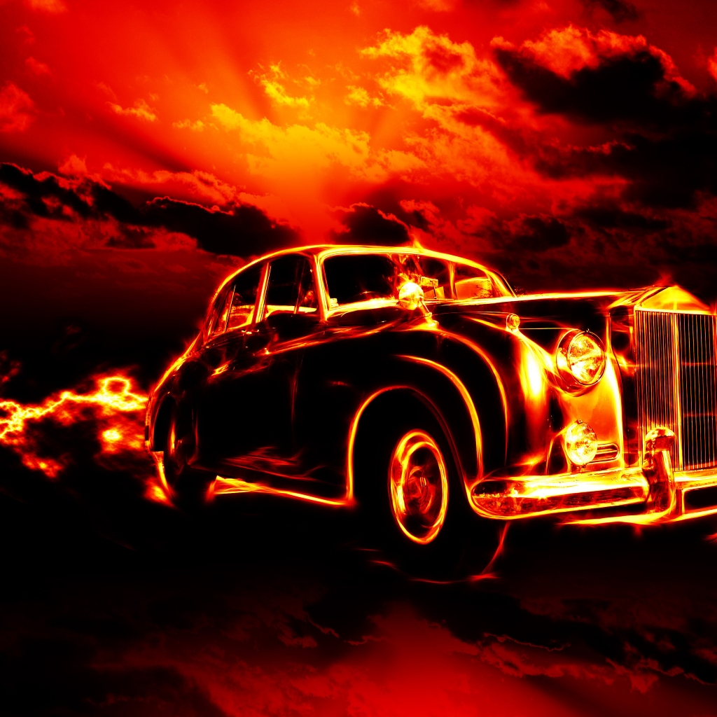 Vintage Car in Fire for 1024 x 1024 iPad resolution