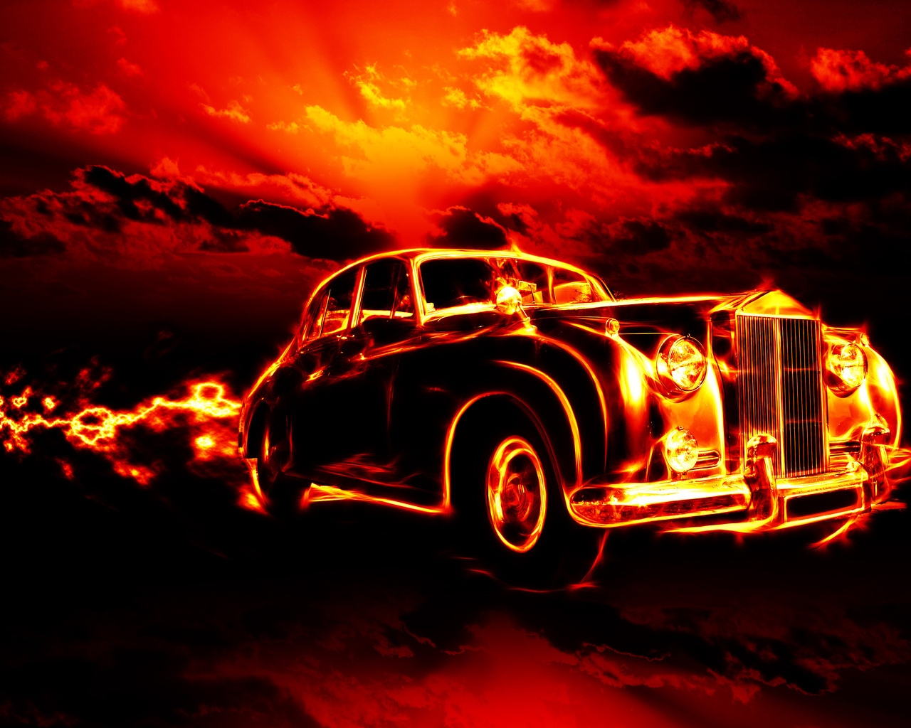 Vintage Car in Fire for 1280 x 1024 resolution
