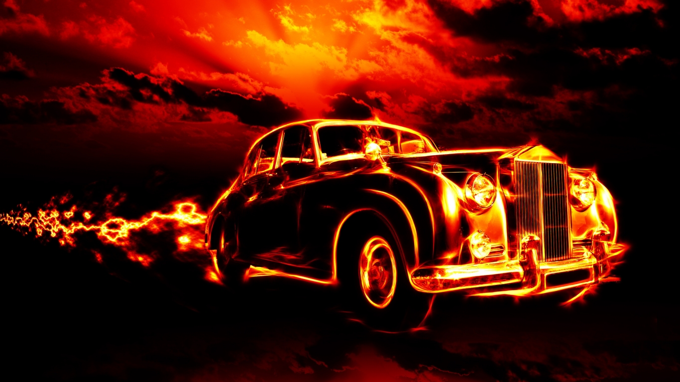 Vintage Car in Fire for 1366 x 768 HDTV resolution